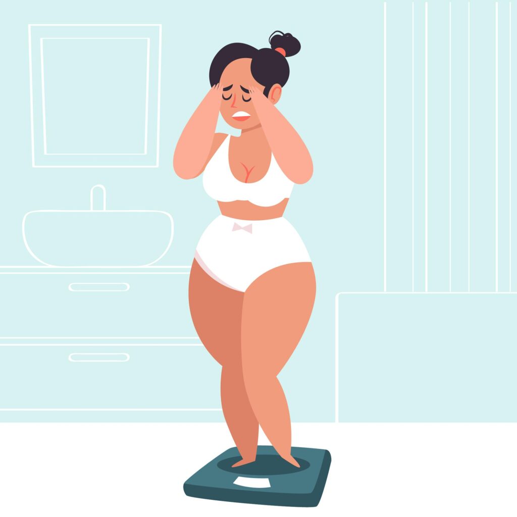 losing weight without trying, girl standing on weight machine while visibly stressed illustration.
